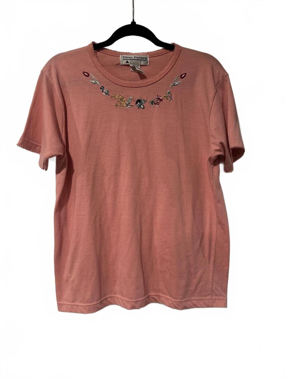 Vintage Gina Peters pink embroidered neckline T-shirt